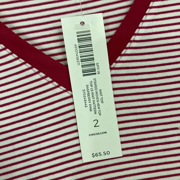 New Chico's Red White Striped V Neck Side Stretch Slit Knit Top size Large/2 - Picture 3 of 11